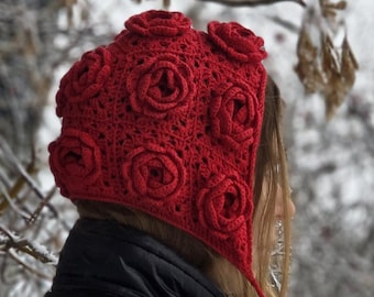 WYPRZEDAŻ Szydełkowa kominiarka z różą | Kaptur typu bonnet | Wełniana czapka z 3D kwiatem | Ręcznie robiony, wyjątkowy prezent zimowy