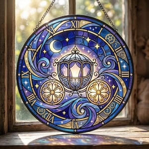 May include: A round stained glass window featuring a fairytale carriage, moon, stars, and Roman numerals. The design incorporates shades of blue, purple, and gold. The window is suspended by a chain and set against a window frame.
