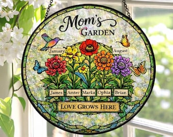 Personalized Birth Flowers Stained Glass Art Suncatcher, Mother's Day Gift, Birth Flower Gift Mothers Day Gift, Grandma's Garden Gift