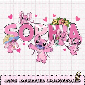May include: A pink digital download design featuring the name "SOPHIA" in large pink letters, surrounded by cartoon characters and pink hearts. The characters are in various poses, with one holding a parasol. The words "PNG DIGITAL DOWNLOAD" are at the bottom.