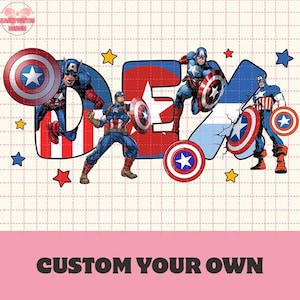 Könnte beinhalten: Grafikdesign mit dem Wort „DEM“ mit Captain America-Charakteren und -Schilden. Die Buchstaben sind rot, weiß und blau, mit Sternakzenten. Der Satz „CUSTOM YOUR OWN“ steht unten.