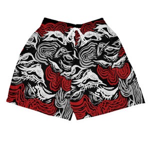 Könnte beinhalten: Schwarze Shorts mit einem abstrakten Muster in Rot, Weiß und Grau. Die Shorts haben einen Kordelzug in der Taille. Das Design zeigt augenähnliche Formen und wellenförmige Linien, die einen kühnen und künstlerischen Look erzeugen. Die Shorts sind aus leichtem Material.