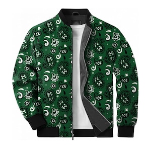 May include: A green bomber jacket featuring a repeating black and white paisley pattern. The jacket has a black ribbed collar, black cuffs, and a black hem, with a full-length front zipper closure revealing a plain white inner layer.