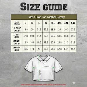 May include: Size guide for a mesh crop top football jersey. The chart shows measurements for sizes S to 5XL, including 1/2 bust and length in inches and centimeters. A white crop top illustration is also shown with measurement labels.