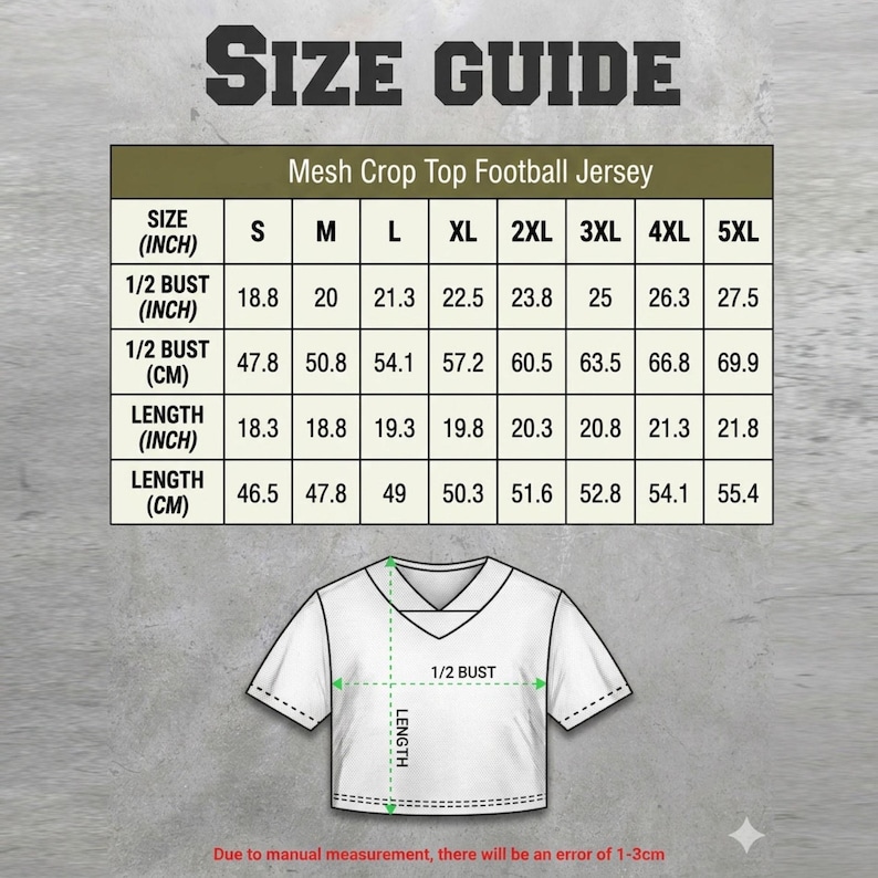 May include: Size guide for a mesh crop top football jersey. The chart shows measurements for sizes S to 5XL, including 1/2 bust and length in inches and centimeters. A white crop top illustration is also shown with measurement labels.