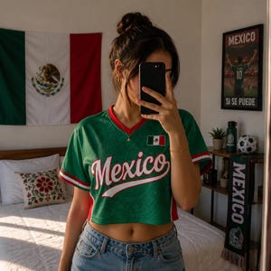 Peut inclure: Un maillot court vert à col en V avec des bordures blanches et rouges sur les manches et les côtés. Le mot Mexico est imprimé en écriture blanche sur la poitrine, avec un petit écusson du drapeau mexicain au-dessus. Porté avec un jean bleu clair.