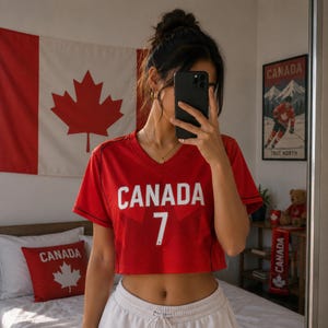 May include: A red cropped t-shirt with "CANADA" and the number "7" in white. A Canadian flag and a pillow with a maple leaf are visible in the background. A poster with a hockey player is also visible.