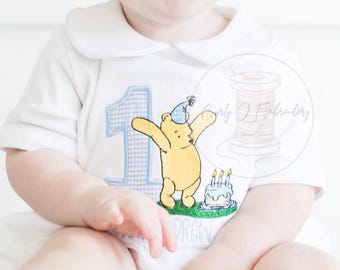 Body personalizzato ricamato per il primo compleanno / Maglietta classica con orsetto per il compleanno / Completo per il primo compleanno in stile vintage / Compleanno personalizzato per neonati