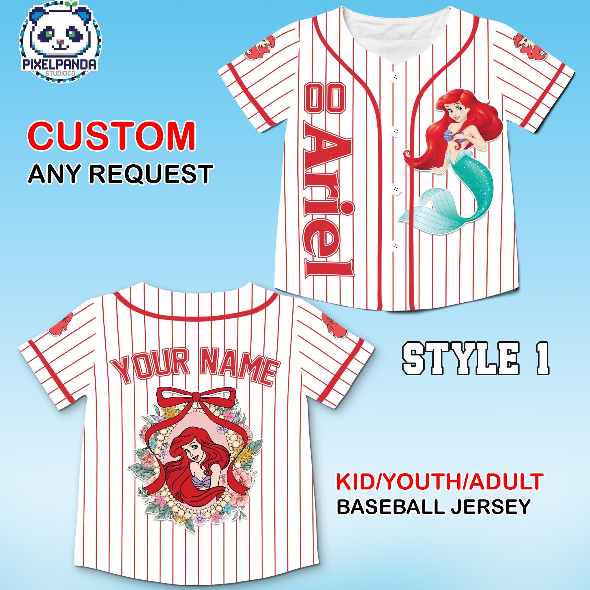 Discover Disney Ari Little Mermaid Baseball Jersey Custom Name Number, Kids Youth Adult Princess Shirt