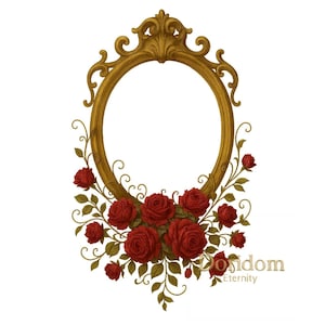 以下が含まれることがあります： 赤バラと緑の葉のフローラルアレンジメントが施された、装飾的な金色の楕円形のフレーム。 フレームの上部には装飾的なスクロールワークがあります。 「Posidom Eternity」の文字が金色で印刷されています。