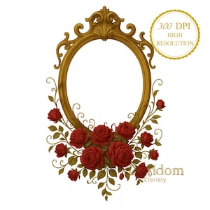 以下が含まれることがあります： 赤いバラと緑の葉の装飾が施された、金色の楕円形のフレーム。フレームの上部には装飾的な渦巻き模様があります。「300 DPI HIGH RESOLUTION」の文字が入った金色の円が右上隅にあります。装飾的な要素。