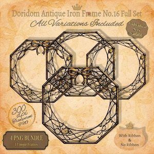 以下が含まれることがあります： 八角形のアンティークアイアンフレーム4つ。繊細な透かし彫りのデザインと装飾的なリボンが特徴です。フレームはブロンズ色で、「Doridom Antique Iron Frame No.16 Full Set」と「4 PNG Bundle」の文字が確認できます。