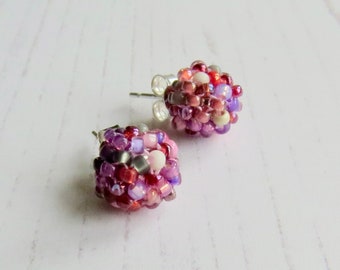 Handwoven Stud Earrings - Strawberry Sundae - handwoven glass and sterling silver studs in a pink medley with grey and blue lowlights.