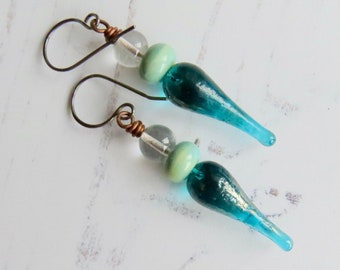 Water Droplettes - handmade artisan bead earrings in turquoise - lampwork glass teardrop elegant earrings, Songbead UK, narrative jewellery