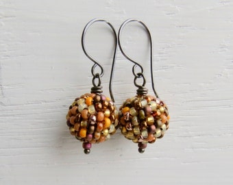 Handmade gold drop earrings - Burnished - artisan bead earrings, burnished bronze, tawny yellow vintage gold medley sterling silver earwires