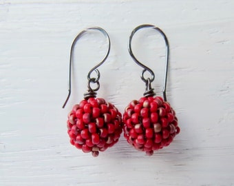 Handmade artisan bead earrings in a rich matte crimson red with bronze hints - Poinsettia - with sterling silver earwires