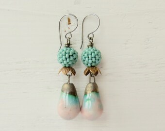 Handmade artisan bead long earrings - Ethereal - aqua and pale rose pink ceramic and handwoven glass elegant earrings  Songbead UK