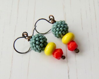 Playschool - handmade artisan bead earrings in scarlet red, eucalyptus blue and yellow with oxidised sterling silver earwires, Songbead uk