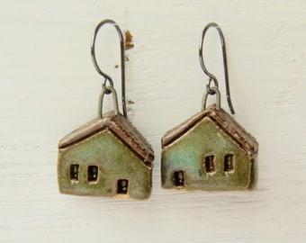 Handmade artisan bead earrings - Home Sweet Home - dark mossy green-blue cottage ceramic and silver earrings - Songbead UK