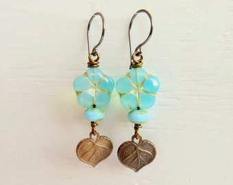 Handmade artisan bead flower and leaf earrings in burnished patina brass with aqua sky blue glass flower beads  - Songbead UK