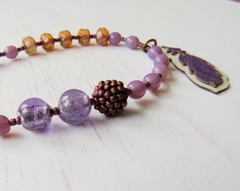 Handmade purple bead necklace - Levity - handmade artisan beaded bohemian feather necklace - adjustable length, Songbead