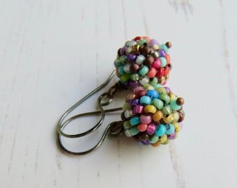 Handmade artisan bead earrings in multicolour rainbow mix - Rustic Sweeties - with sterling silver earwires