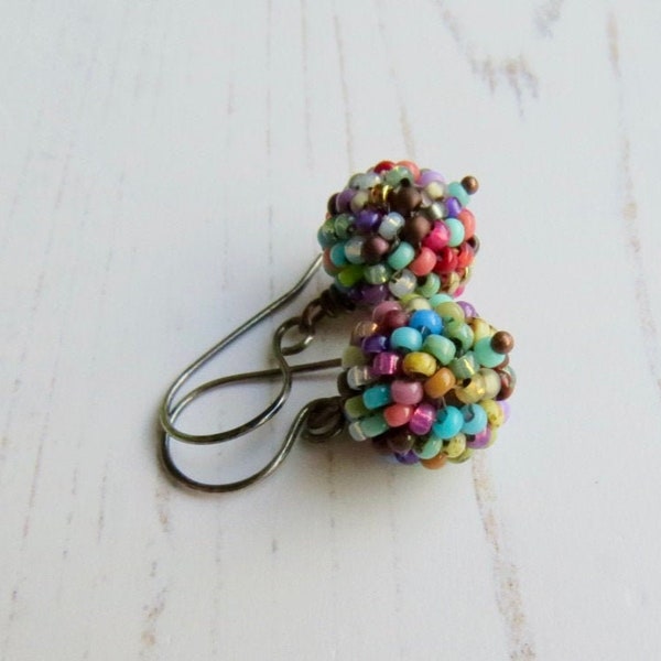 Handmade artisan bead earrings in multicolour rainbow mix - Rustic Sweeties - with recycled sterling silver earwires