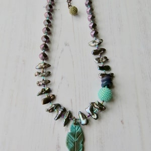 Handmade artisan bead necklace Follow your Arrow handmade artisan beaded purple, silver and turquoise necklace with pearls and feather image 4