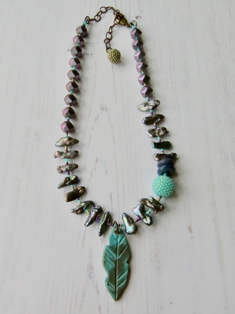 Handmade artisan bead necklace Follow your Arrow handmade artisan beaded purple, silver and turquoise necklace with pearls and feather image 4