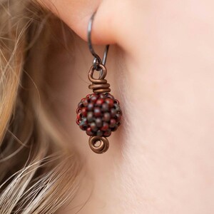Handwoven Berry Earrings – Picasso Red Glass Beads, Oxidized Sterling Silver