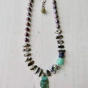 Handmade artisan bead necklace Follow your Arrow handmade artisan beaded purple, silver and turquoise necklace with pearls and feather image 7