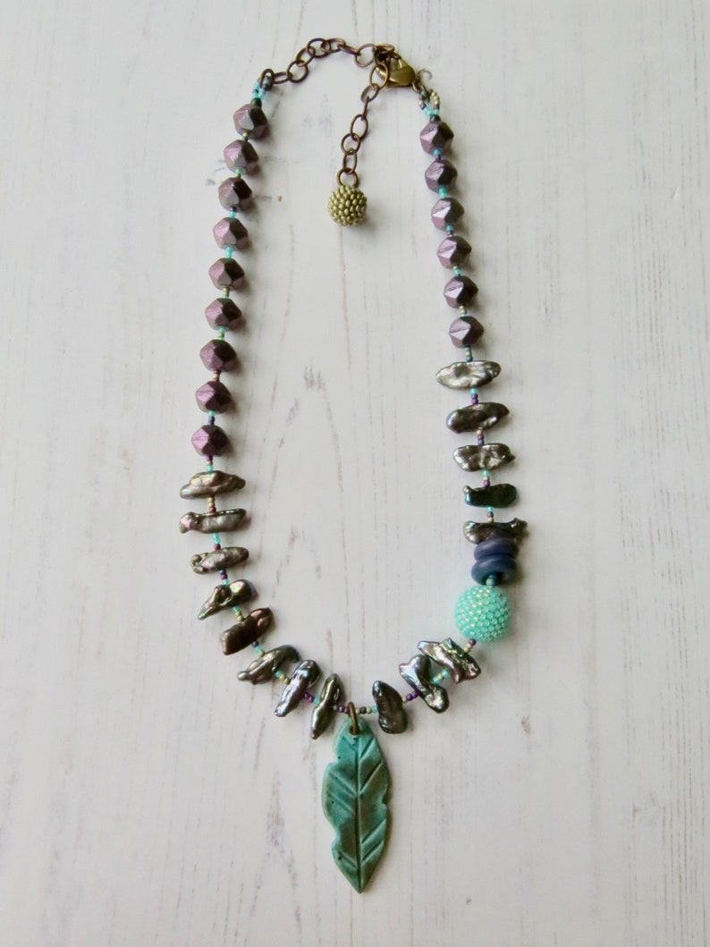 Handmade artisan bead necklace Follow your Arrow handmade artisan beaded purple, silver and turquoise necklace with pearls and feather image 7