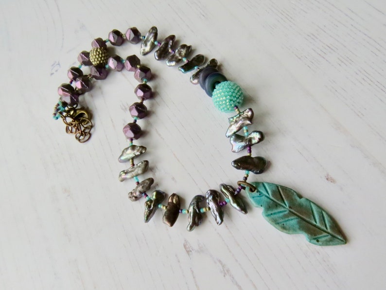 Handmade artisan bead necklace Follow your Arrow handmade artisan beaded purple, silver and turquoise necklace with pearls and feather image 6