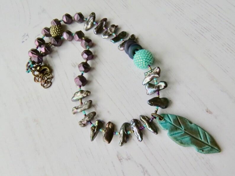 Handmade artisan bead necklace Follow your Arrow handmade artisan beaded purple, silver and turquoise necklace with pearls and feather image 1