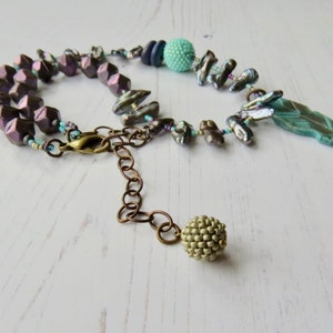 Handmade artisan bead necklace Follow your Arrow handmade artisan beaded purple, silver and turquoise necklace with pearls and feather image 9