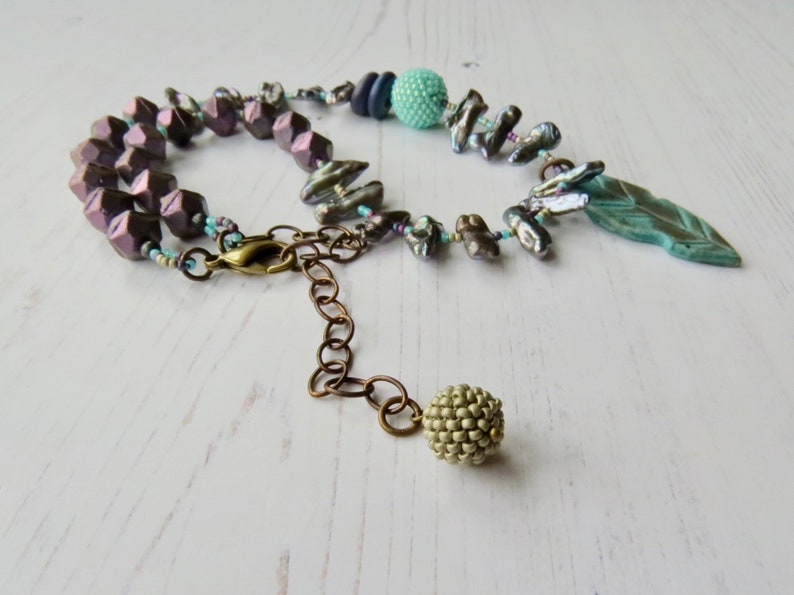 Handmade artisan bead necklace Follow your Arrow handmade artisan beaded purple, silver and turquoise necklace with pearls and feather image 9