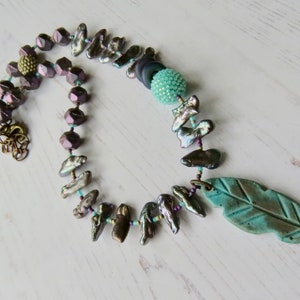 Handmade artisan bead necklace Follow your Arrow handmade artisan beaded purple, silver and turquoise necklace with pearls and feather image 3