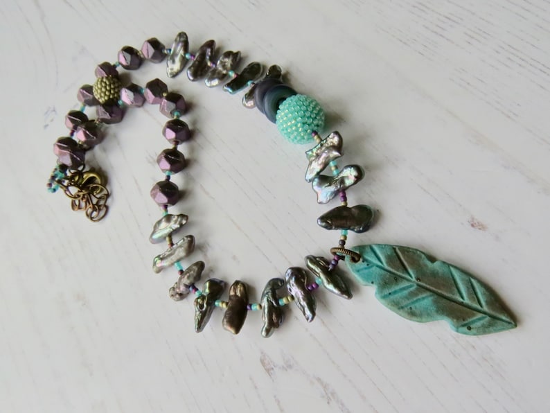 Handmade artisan bead necklace Follow your Arrow handmade artisan beaded purple, silver and turquoise necklace with pearls and feather image 3