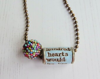 Handmade artisan bead nickel-free brass ball chain necklace with unique silver-plate and polymer clay bead and handwoven glass round