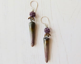 Handmade artisan bead long earrings - Moody - handmade artisan bead long ceramic and handwoven glass elegant earrings in bronze and purple