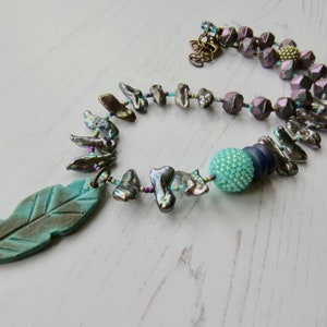 Handmade artisan bead necklace Follow your Arrow handmade artisan beaded purple, silver and turquoise necklace with pearls and feather image 8