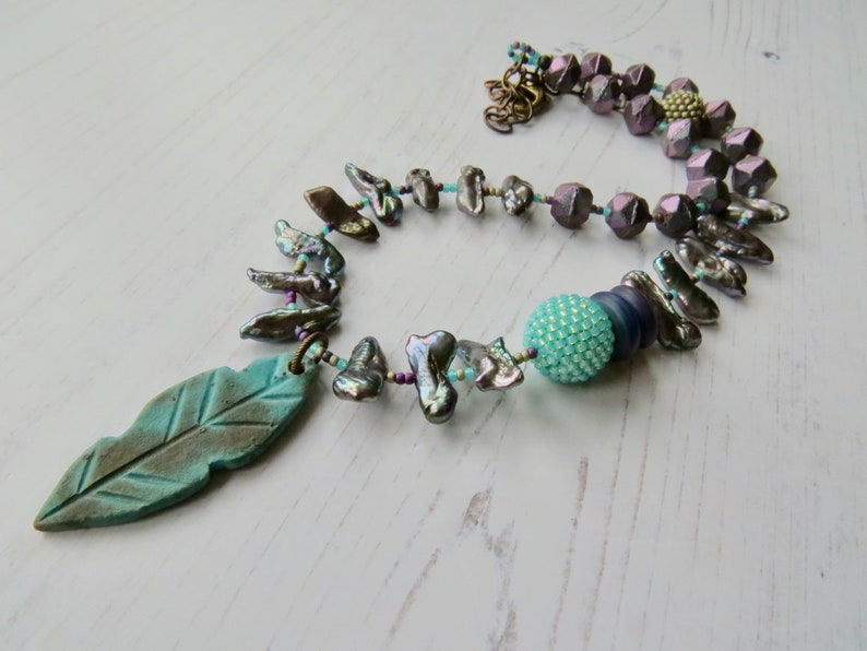 Handmade artisan bead necklace Follow your Arrow handmade artisan beaded purple, silver and turquoise necklace with pearls and feather image 8