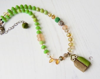 Handmade beaded necklace - grass green and peach topaz cottage necklace - handmade artisan beaded bohemian necklace - Songbead