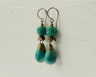 Handmade artisan bead earrings in deep turquoise - Nile - ceramic and handwoven glass elegant earrings, Songbead UK