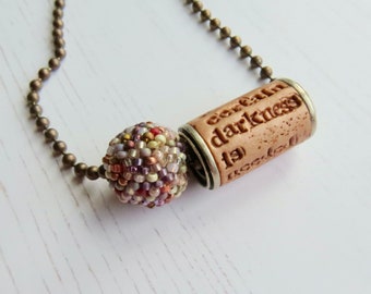 Handmade artisan bead nickel-free brass ball chain necklace with unique silver-plate and polymer clay bead and handwoven glass round