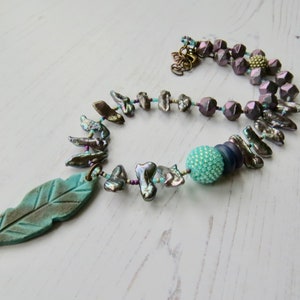 Handmade artisan bead necklace Follow your Arrow handmade artisan beaded purple, silver and turquoise necklace with pearls and feather image 5