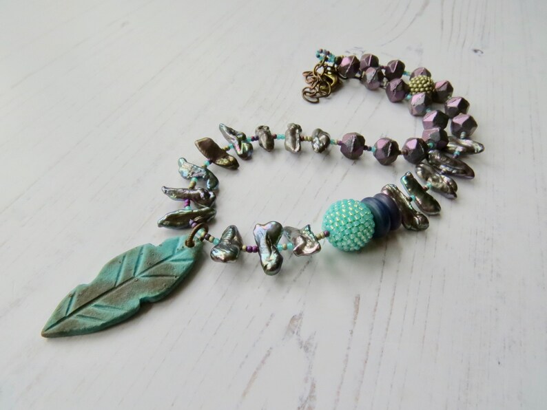 Handmade artisan bead necklace Follow your Arrow handmade artisan beaded purple, silver and turquoise necklace with pearls and feather image 5