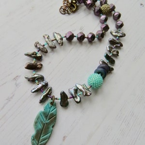 Handmade artisan bead necklace Follow your Arrow handmade artisan beaded purple, silver and turquoise necklace with pearls and feather image 2