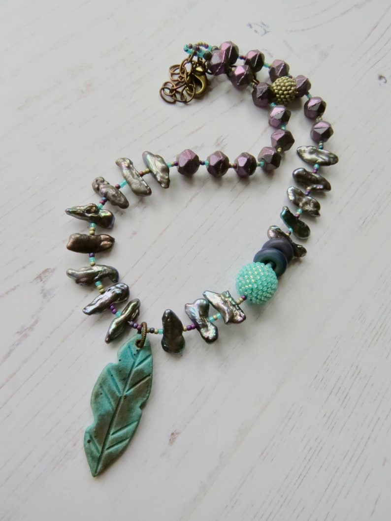 Handmade artisan bead necklace Follow your Arrow handmade artisan beaded purple, silver and turquoise necklace with pearls and feather image 2