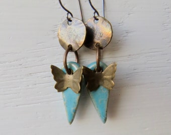 Handmade turquoise butterfly earrings - Burnished - handmade artisan bead earrings with ceramic turquoise drops and vintage butterfly charms